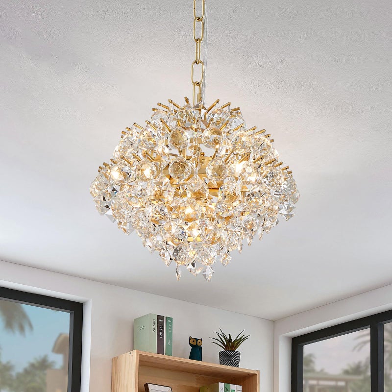 Bestier Gold Modern Pendant Chandelier Crystal Raindrop Lighting Ceiling Light Fixture Lamp for Dining Room Bathroom Bedroom Livingroom 4 G9 Bulbs Required D11 in x H12 in - Image 1