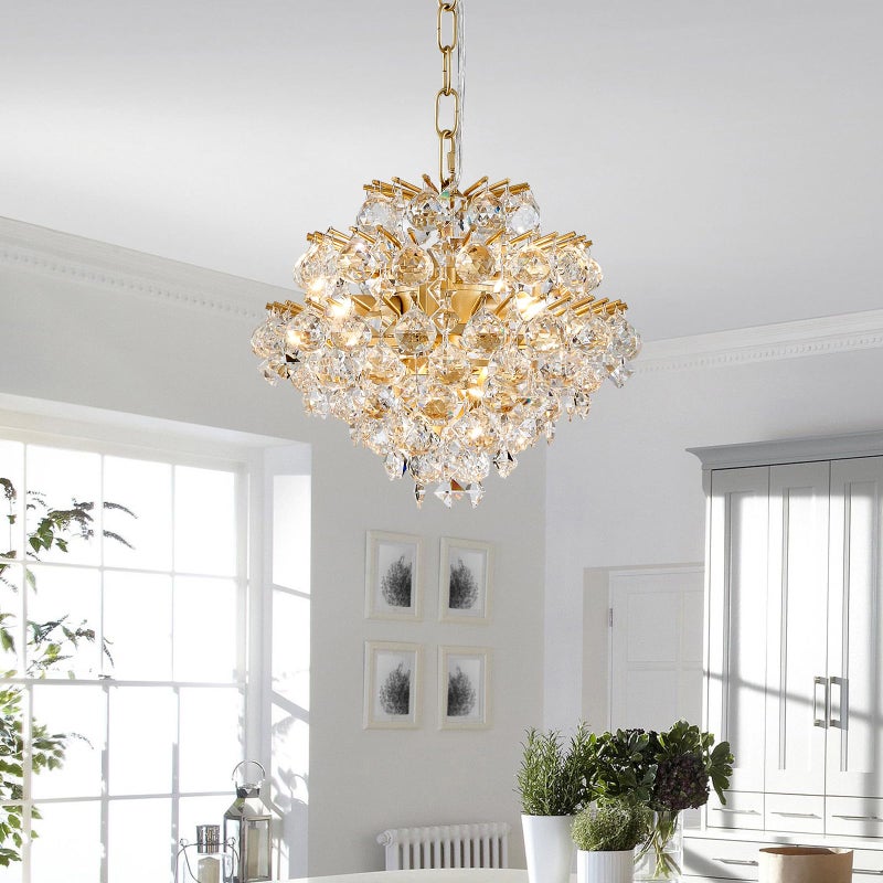 Bestier Gold Modern Pendant Chandelier Crystal Raindrop Lighting Ceiling Light Fixture Lamp for Dining Room Bathroom Bedroom Livingroom 4 G9 Bulbs Required D11 in x H12 in - Image 2