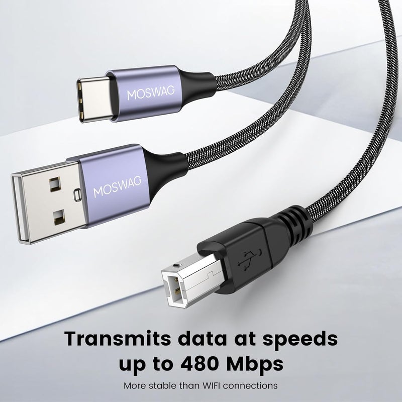 كابل طابعة MOSWAG، كابل USB للطابعة مضفر من النايلون 2 في 1 متوافق مع الآلات الموسيقية، البيانو، لوحة المفاتيح MIDI، ميكروفون USB - Image 5