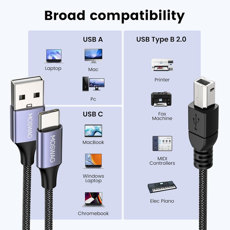 كابل طابعة MOSWAG، كابل USB للطابعة مضفر من النايلون 2 في 1 متوافق مع الآلات الموسيقية، البيانو، لوحة المفاتيح MIDI، ميكروفون USB - Image 2