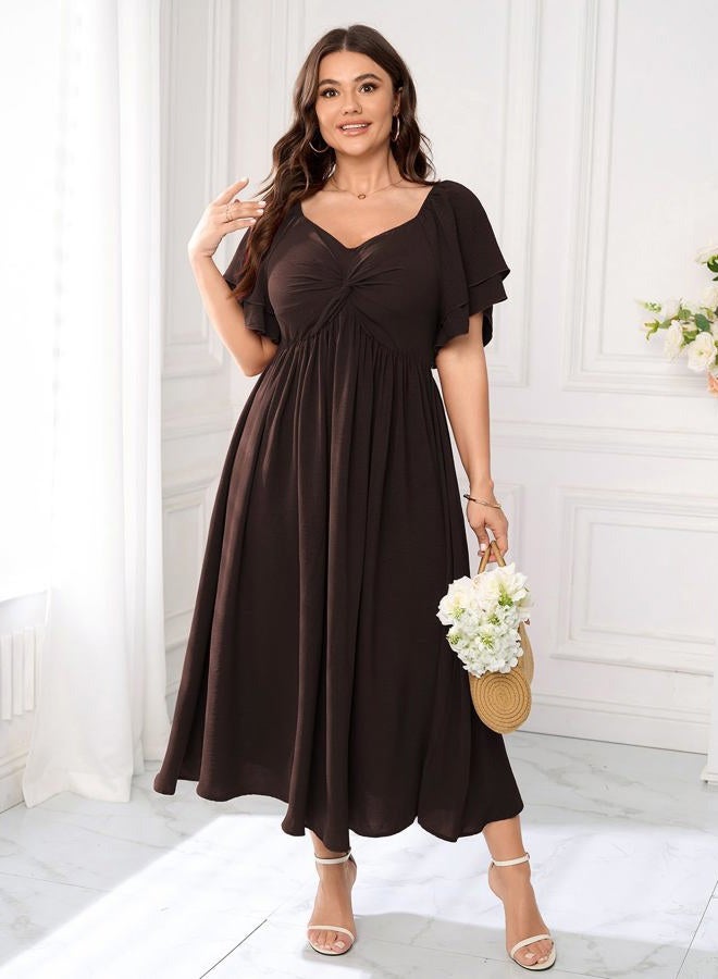 SCOMCHIC Women's Plus Size Wedding Guest Cocktail Dresses Sweetheart Neckline Ruffle Sleeve A Line Maxi Dress, Brown, XXL Plus - Image 2