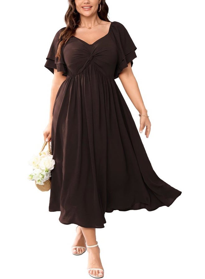 SCOMCHIC Women's Plus Size Wedding Guest Cocktail Dresses Sweetheart Neckline Ruffle Sleeve A Line Maxi Dress, Brown, XXL Plus - Image 1