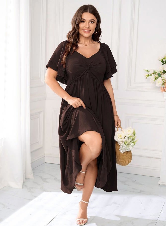 SCOMCHIC Women's Plus Size Wedding Guest Cocktail Dresses Sweetheart Neckline Ruffle Sleeve A Line Maxi Dress, Brown, XXL Plus - Image 5