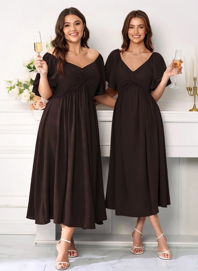 SCOMCHIC Women's Plus Size Wedding Guest Cocktail Dresses Sweetheart Neckline Ruffle Sleeve A Line Maxi Dress, Brown, XXL Plus - Image 3
