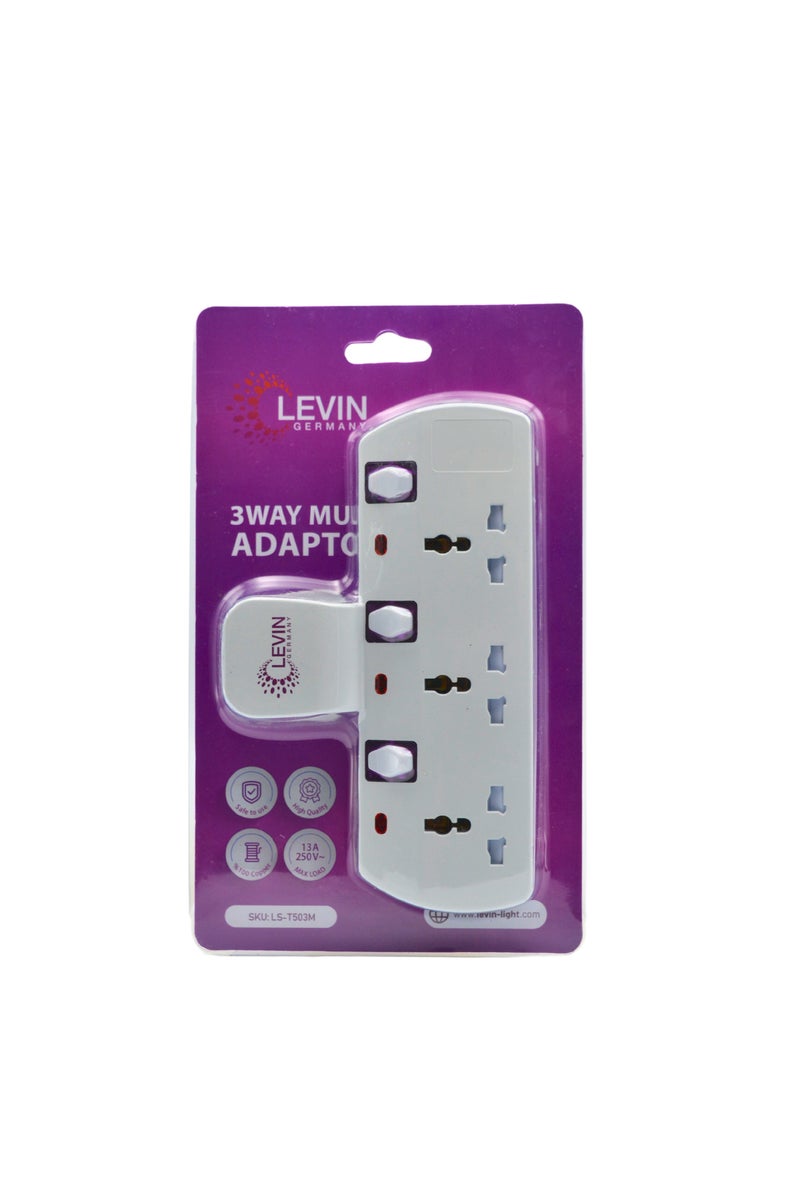 Levin Germany 3-Way Multi Plug Adaptor | Universal Socket | 13A 250V | 3250W Heavy Load | Safety Shutter | Compact & Durable Design | 2-Year Warranty - Image 1