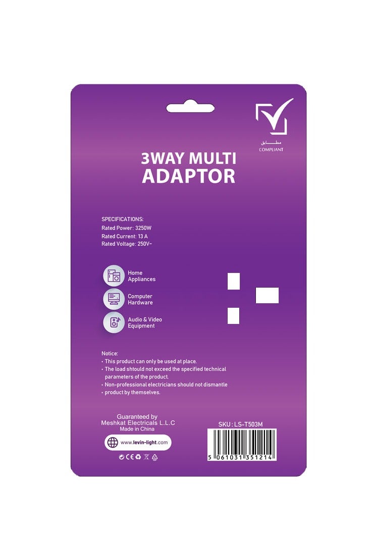 Levin Germany 3-Way Multi Plug Adaptor | Universal Socket | 13A 250V | 3250W Heavy Load | Safety Shutter | Compact & Durable Design | 2-Year Warranty - Image 5