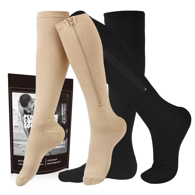 cerpite Zipper Compression Socks, 2 Pairs 15-20 mmHg Closed Toe Compression Stockings for Men Women - Image 1