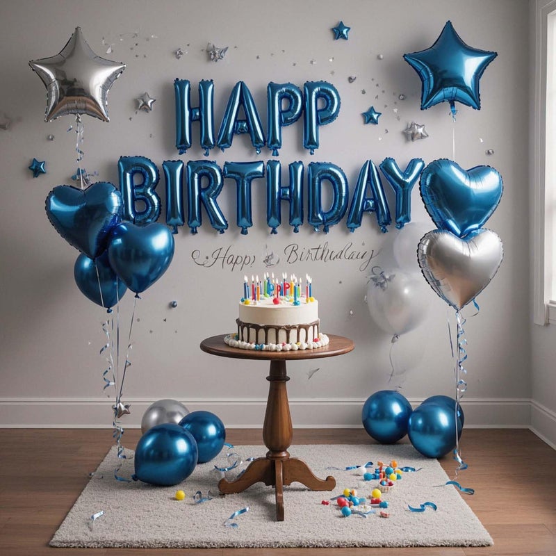 WEIKA 27 Pcs Blue Silver Birthday Decorations, 3D Letters Blue Happy Birthday Balloon Banner, Pentagram Heart Foil Balloons Confetti Balloons Kit For Boys Girls Party Supplies - Image 3