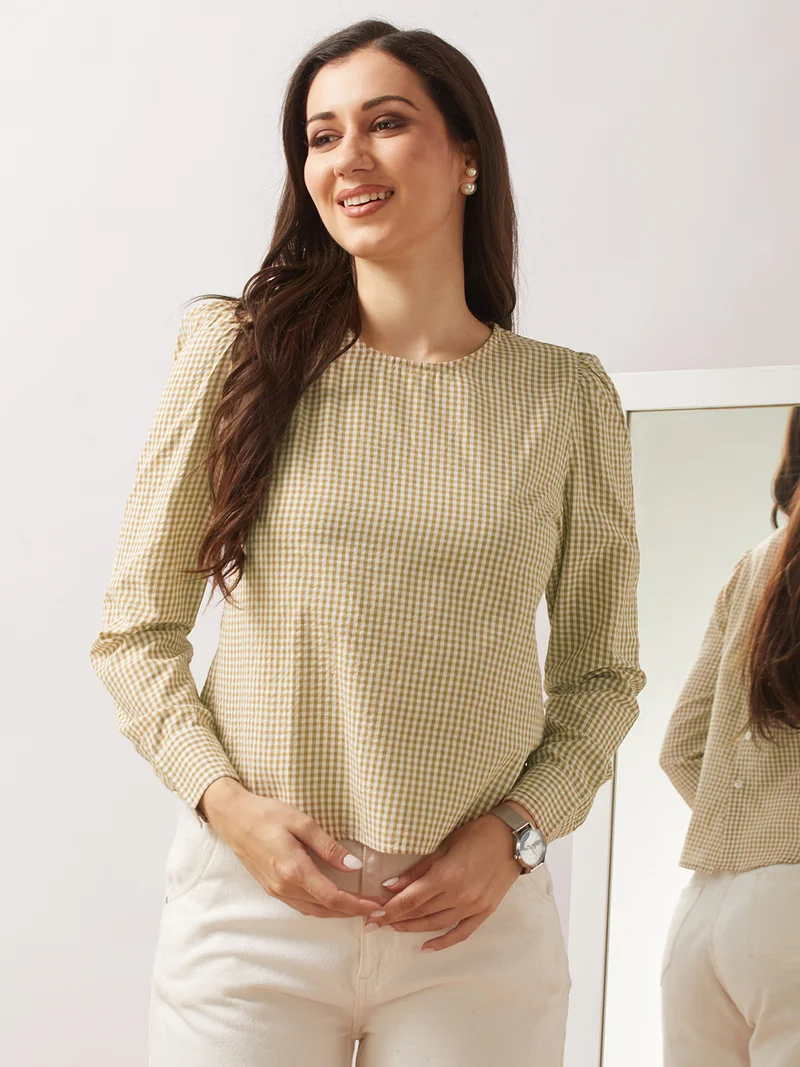 جلو باص Women Brown Checkered Back Button Detailing Cuffed Sleeves Curved Hem Shirt Style Top