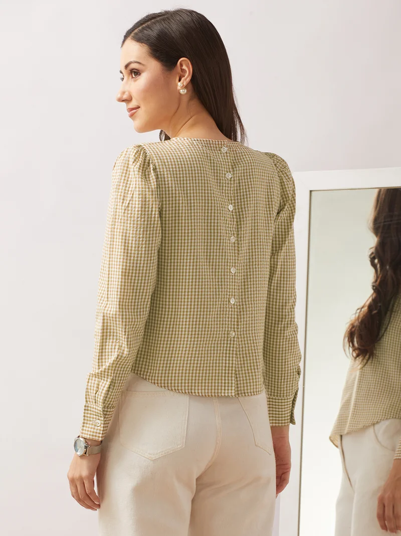 جلو باص Women Brown Checkered Back Button Detailing Cuffed Sleeves Curved Hem Shirt Style Top