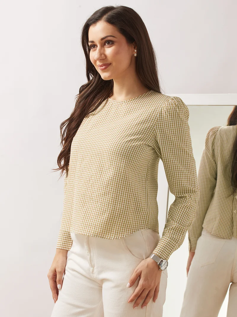 جلو باص Women Brown Checkered Back Button Detailing Cuffed Sleeves Curved Hem Shirt Style Top