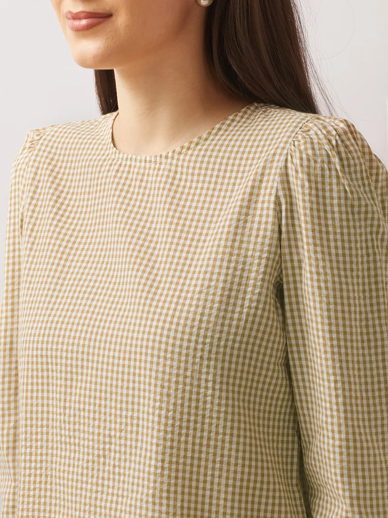 جلو باص Women Brown Checkered Back Button Detailing Cuffed Sleeves Curved Hem Shirt Style Top