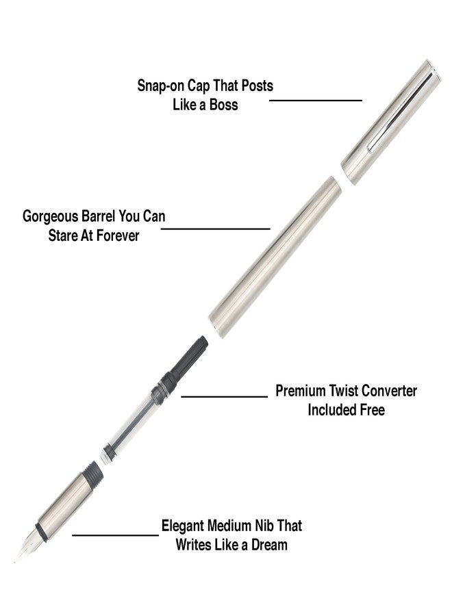 BUZZ COOL Stainless Steel Fountain Pen With Converter Pump | Slim Metal Body Fountain Pen with Fine Nib(0.5mm) | Zero Ink Leakage Smooth Writing pen - Image 3
