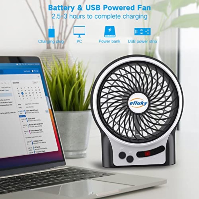 4.9-Inch Mini Desk Fan - 3 Speeds, Rechargeable Battery/USB Powered with LED Light, Quiet Portable Fan for Home, Office, Travel, Camping - Image 2