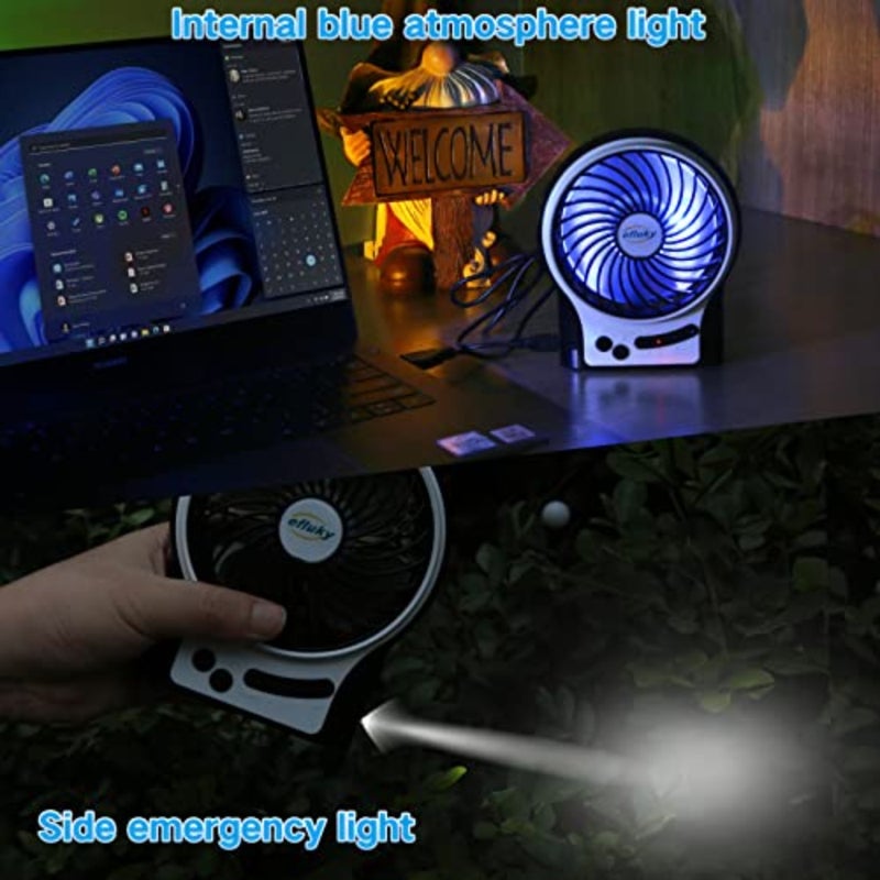 4.9-Inch Mini Desk Fan - 3 Speeds, Rechargeable Battery/USB Powered with LED Light, Quiet Portable Fan for Home, Office, Travel, Camping - Image 3
