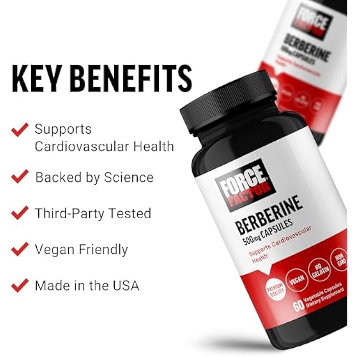 Force Factor Berberine 500mg Supplement, Cardiovascular Support Supplement, Supports Heart Health, Premium Quality, Vegan, No Gelatin, Non-GMO, 60 Vegetable Capsules - Image 2