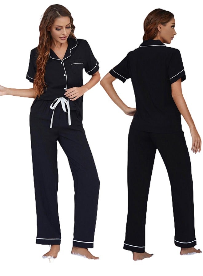 Women's Two Piece Pajama Set Button-Up Short Sleeves Pajama Set Soft Casual Set With Trousers Size L Women's Short Sleeve Trousers Home Wear Two Piece Set Black - Image 1