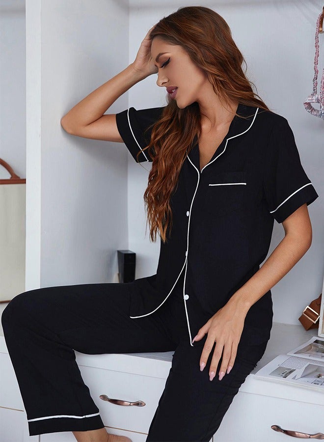 Women's Two Piece Pajama Set Button-Up Short Sleeves Pajama Set Soft Casual Set With Trousers Size L Women's Short Sleeve Trousers Home Wear Two Piece Set Black - Image 5