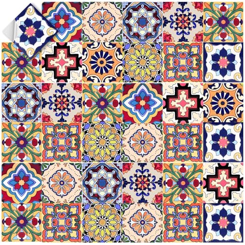 Honoson 60 Pack Colorful Talavera Tile 4x4 Inch Handpainted 10 Designs Peel and Stick Wall Tile Decor Bathroom Kitchen Wall Sticker Waterproof PVC Decoration Stickers 2D Retro Sticker Vivid - Image 1