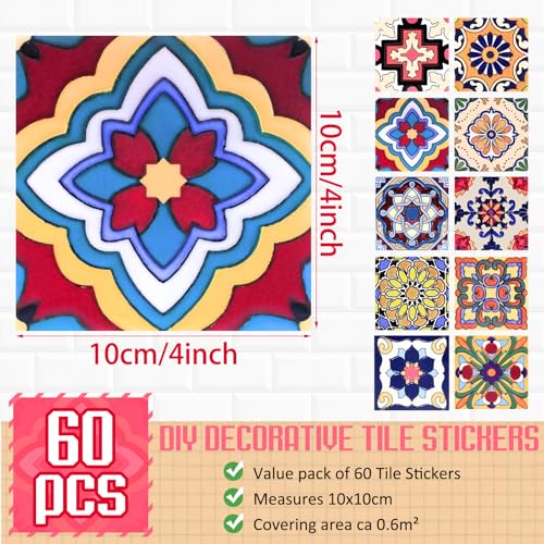 Honoson 60 Pack Colorful Talavera Tile 4x4 Inch Handpainted 10 Designs Peel and Stick Wall Tile Decor Bathroom Kitchen Wall Sticker Waterproof PVC Decoration Stickers 2D Retro Sticker Vivid - Image 3