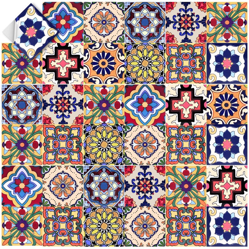 Honoson 60 Pack Colorful Talavera Tile 4x4 Inch Handpainted 10 Designs Peel and Stick Wall Tile Decor Bathroom Kitchen Wall Sticker Waterproof PVC Decoration Stickers 2D Retro Sticker Vivid - Image 2
