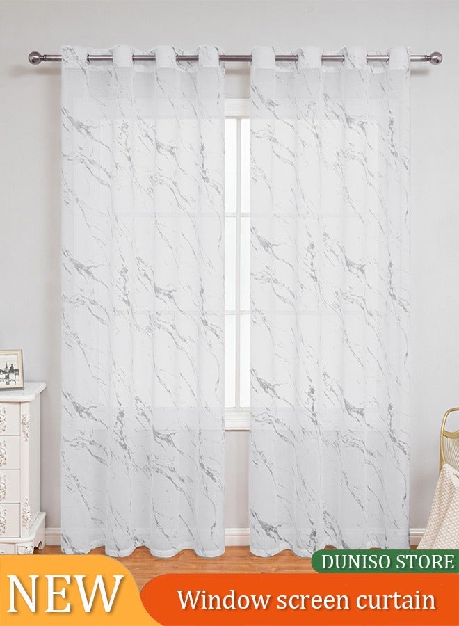 إسكدنيا ستائر بتصميم رخام 2 قطعة، ستائر شيفون شبه شفافة، تصميم رخام بالطباعة الساخنة، مناسبة للمقاهي وغرف النوم وغرف المعيشة، 100 * 200 سم (أبيض) - Image 1