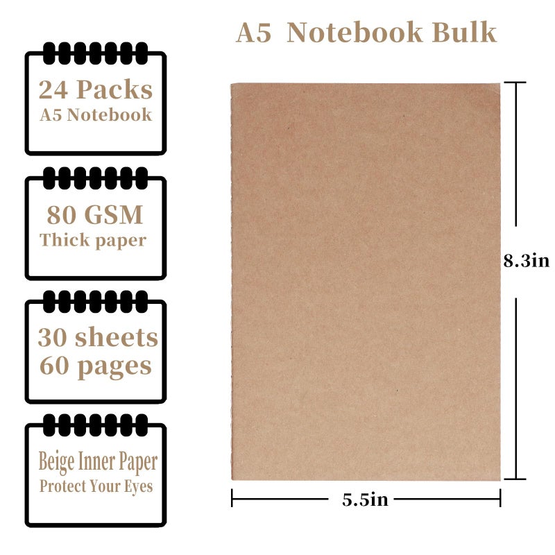 Kutoda 24 Pack A5 Kraft Notebooks Bulk  Lined Paper Journaling Notebooks  8.3X5.5In 60 Pages Composition Notebook Travel Journal Set For Work  School  Students Kids  Gift  Office  Back To School Supplies - Image 3