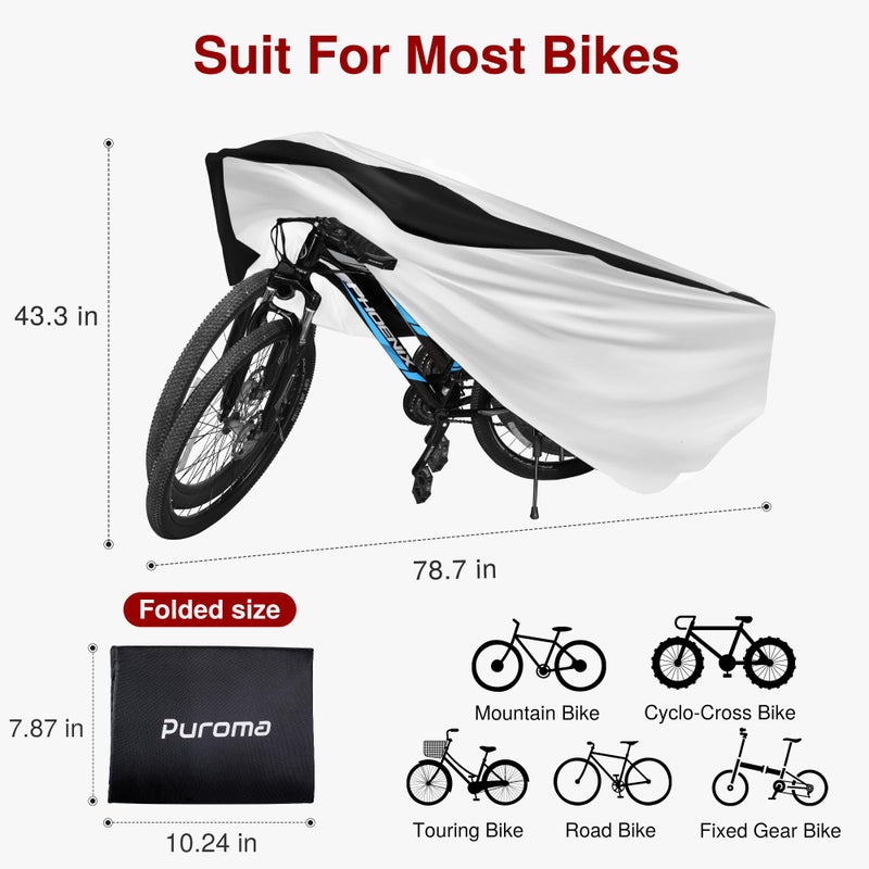Puroma Bike Cover Outdoor Waterproof Bicycle Covers Rain Sun UV Dust Wind Proof with Lock Hole for Mountain Road Electric Bike, XL (Black&Silver) - Image 2