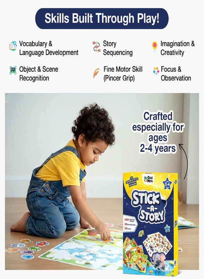 GiniMini Stick A Story- Sticker Storytelling Kit for Kids Age 2 3 4 | 100+ Easy-Peel Stickers, 10 Story Mats & Story Booklet | Creative Learning Activity | Fine Motor Skills & Imagination Toy - Image 4