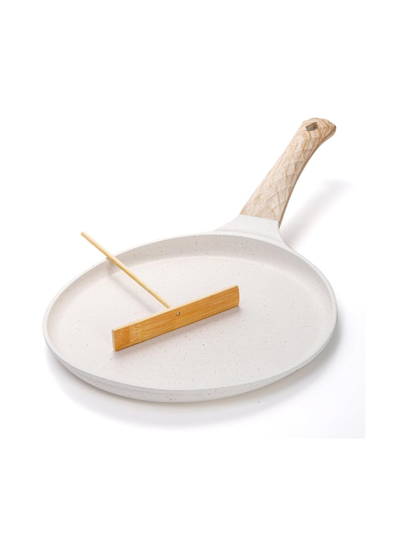 SYOSI مقلاة كريب غير لاصقة مع ملعقة، مقلاة طورتيلا 10 إنش مع مقبض قابل للفصل، مقلاة بان كيك بطبقة سيراميك، مقلاة دوسا لجميع المواقد، متوافقة مع الحث، سهلة الاستخدام، خالية من PFOA (أبيض) - Image 1