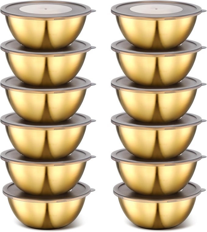 12 PACK 669 INCHES GOLD MIXING BOWLS WITH AIRTIGHT LIDS GOLD STAINLESS STEEL SERVING BOWL METAL SALAD FRUIT SOUP KITCHEN ACCESSORIES FOR LUNCH SNACK