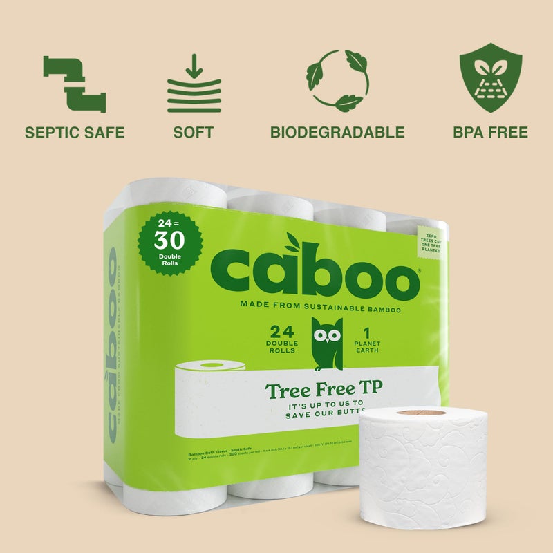 Caboo Tree Free Toilet Paper | Septic Safe, Eco Friendly, Chemical Free, Non Toxic | 2 Ply Toilet Tissue, Pack of 24 Double Rolls, 300 Sheets Per Roll - Image 2