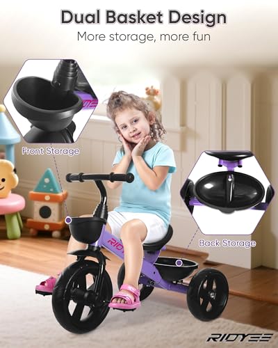 RIDYEE Toddler Tricycle for 15 to 5 Years Tricycle for Ages 24 Years ExtraWide Rear Wheelbase for Stability Trikes for Kids 13 with Dual Storage Baskets Easy to Carry Seat Purple - Image 5