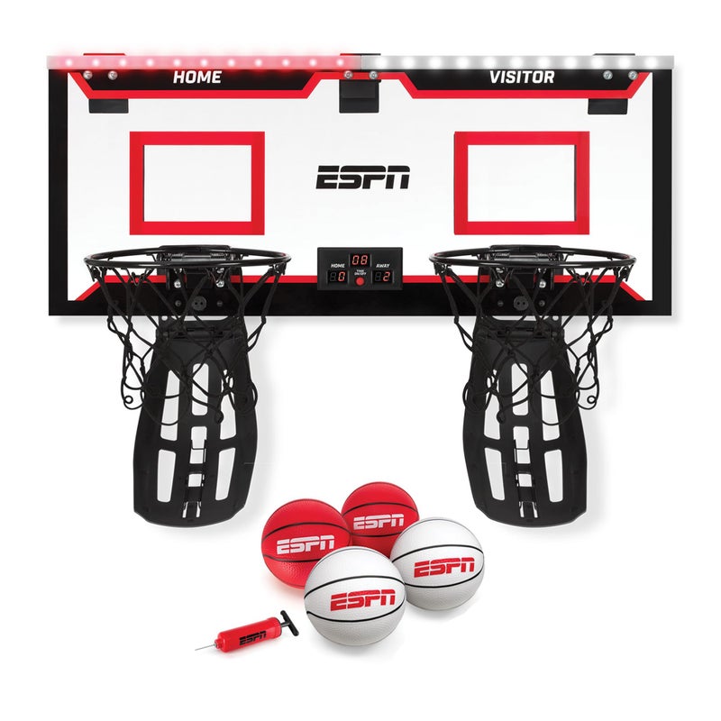 ESPN Mini Basketball Hoop, Over The Door Basketball Hoop with 2 Foldable Breakaway Rims and Ball Return for Two Player Games, Includes 4 Mini Basketballs and Pump - Image 1