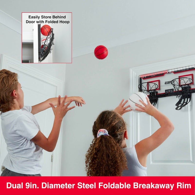 ESPN Mini Basketball Hoop, Over The Door Basketball Hoop with 2 Foldable Breakaway Rims and Ball Return for Two Player Games, Includes 4 Mini Basketballs and Pump - Image 3