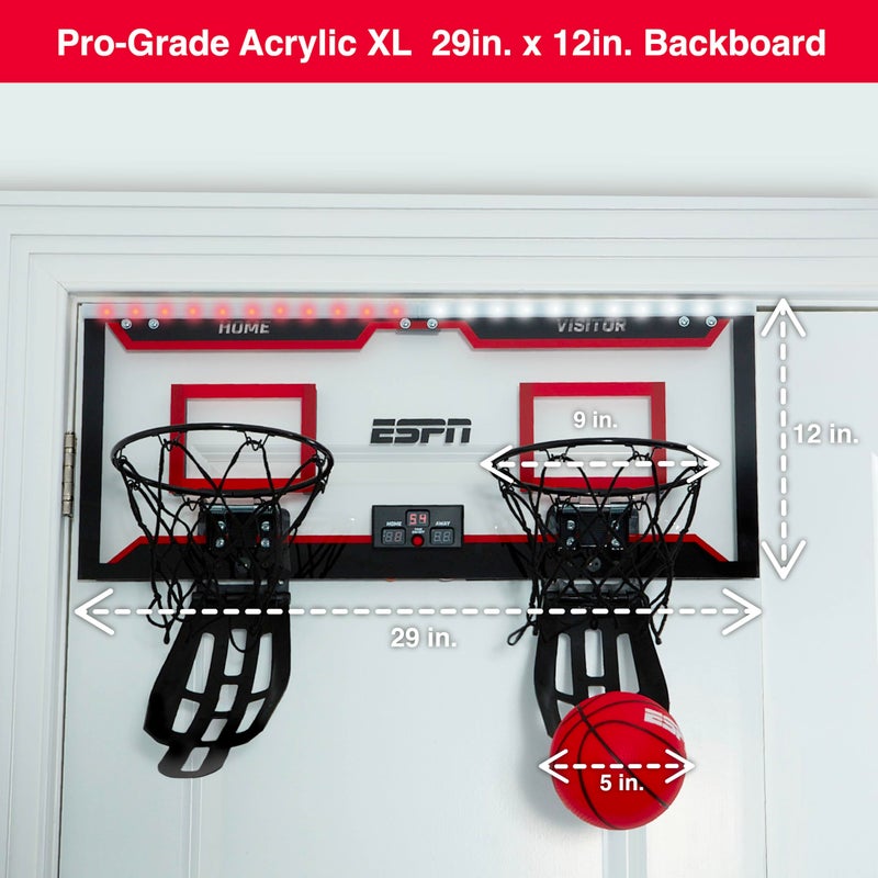 ESPN Mini Basketball Hoop, Over The Door Basketball Hoop with 2 Foldable Breakaway Rims and Ball Return for Two Player Games, Includes 4 Mini Basketballs and Pump - Image 5
