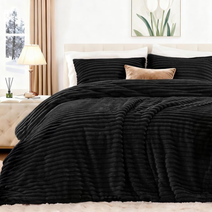 FLUFFY COMFORTER SET QUEEN SIZE SUPER SOFT FAUX FUR STRIPE JACQUARD COMFORTER 3 PIECES BLACK FLEECE BEDDING SETWINTER WARM BED SET1 COMFORTER WITH 2 PILLOWCASES