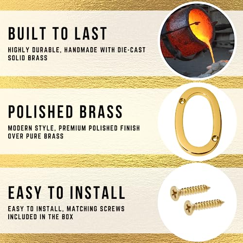 A10SHOP Clio 3-Inch Solid Brass Lacquered Polished Mailbox Numbers House Numbers For Outside, Address Plaques for House Numbers, Outdoor Decor (Polished Brass, Number 0) - Image 3
