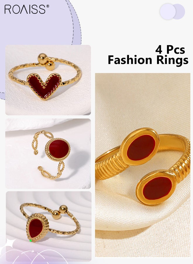 رويس مجموعة من 4 خواتم مفتوحة قابلة للتعديل للنساء بتصميم هندسي بسيط، خواتم فاخرة قابلة للتكديس عتيقة للنساء للارتداء اليومي والحفلات - Image 1