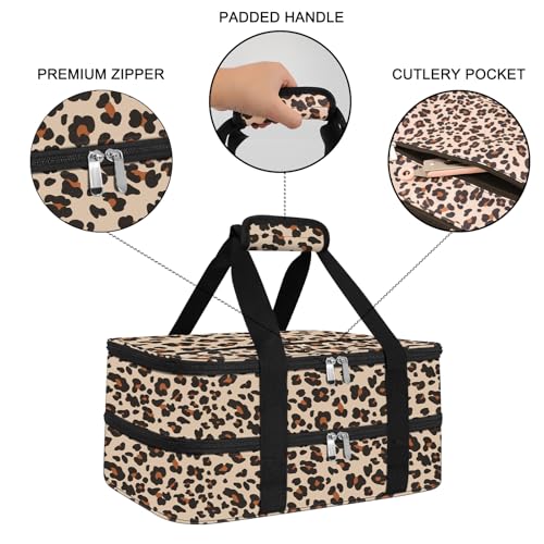esouler Double Insulated Casserole Carrier Bag Hot & Cold Food Carrier Bag Lasagna Holder Lunch Bag for Picnics, Parties, Travel, Fits 9 x 13 Inches Casserole Dish-Leopard - Image 3