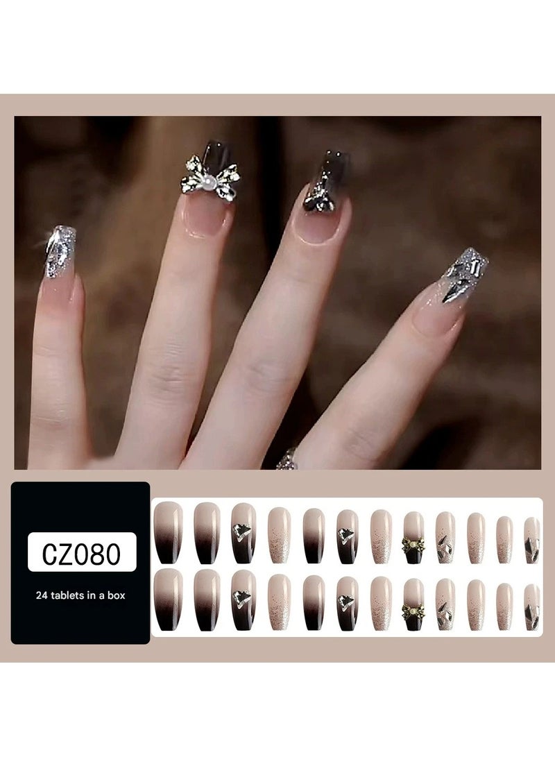 Goolsky Black Bow Zircon Press On Nails Short Fake Nail Tips 