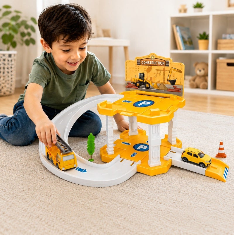 O2. 15-Piece Orange and White Construction Parking Garage DIY Track Set with 2 Toy Cars, Multi-Level Car Garage Playset with Ramp, Curved Track and Accessories for Kids Ages 3+, (35 × 25 × 11 cm) - Image 1