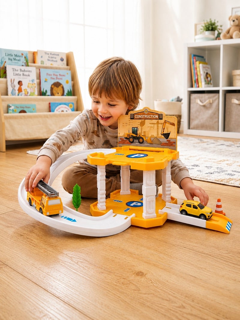O2. 15-Piece Orange and White Construction Parking Garage DIY Track Set with 2 Toy Cars, Multi-Level Car Garage Playset with Ramp, Curved Track and Accessories for Kids Ages 3+, (35 × 25 × 11 cm) - Image 3