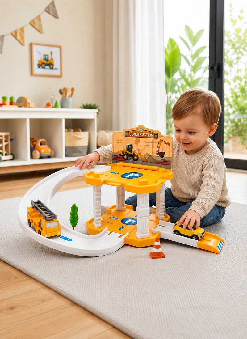 O2. 15-Piece Orange and White Construction Parking Garage DIY Track Set with 2 Toy Cars, Multi-Level Car Garage Playset with Ramp, Curved Track and Accessories for Kids Ages 3+, (35 × 25 × 11 cm) - Image 4
