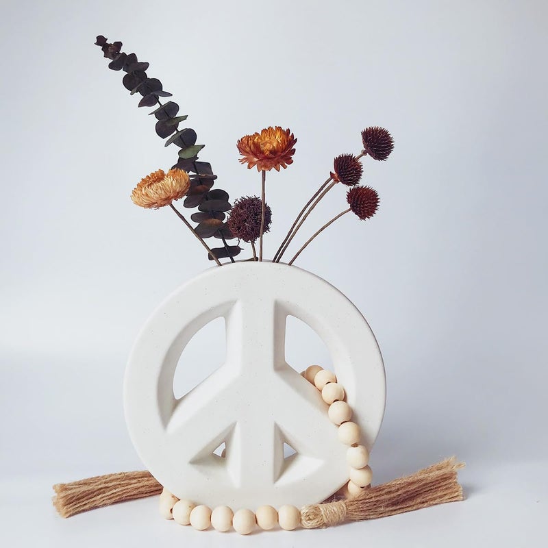 White Ceramic vase Including Wood Bead Garland with Tassels Peace vase Meditation Vase Modern Home Decor White