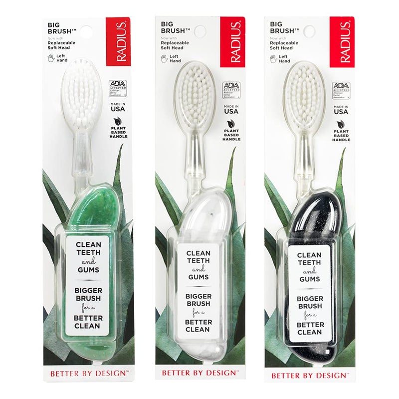 RADIUS Big Brush with Replaceable Head BPA Free & ADA Accepted Toothbrush Designed to Improve Gum Health & Reduce Gum Issues - Left Hand - Midnight Sky/Marble/Soda Pop Eco Grind - Pack of 3 - Image 1