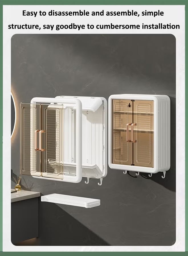 Wall Mount Storage Cabinet Large Capacity Makeup Organizer Over The Toilet Storage Case Bathroom Organizer with 4 Hooks No Drilling Storage Shelf Rack Dust and Moisture Proof Shelves (Beige) - Image 4