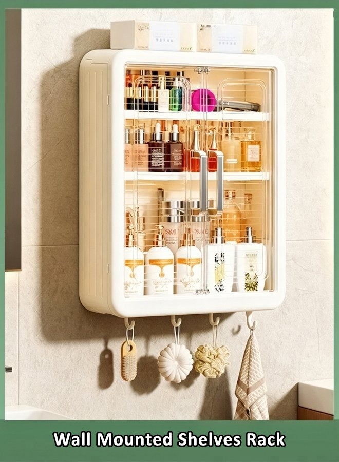 Wall Mount Storage Cabinet Large Capacity Makeup Organizer Over The Toilet Storage Case Bathroom Organizer with 4 Hooks No Drilling Storage Shelf Rack Dust and Moisture Proof Shelves (Beige) - Image 1