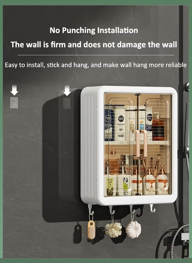Wall Mount Storage Cabinet Large Capacity Makeup Organizer Over The Toilet Storage Case Bathroom Organizer with 4 Hooks No Drilling Storage Shelf Rack Dust and Moisture Proof Shelves (Beige) - Image 5