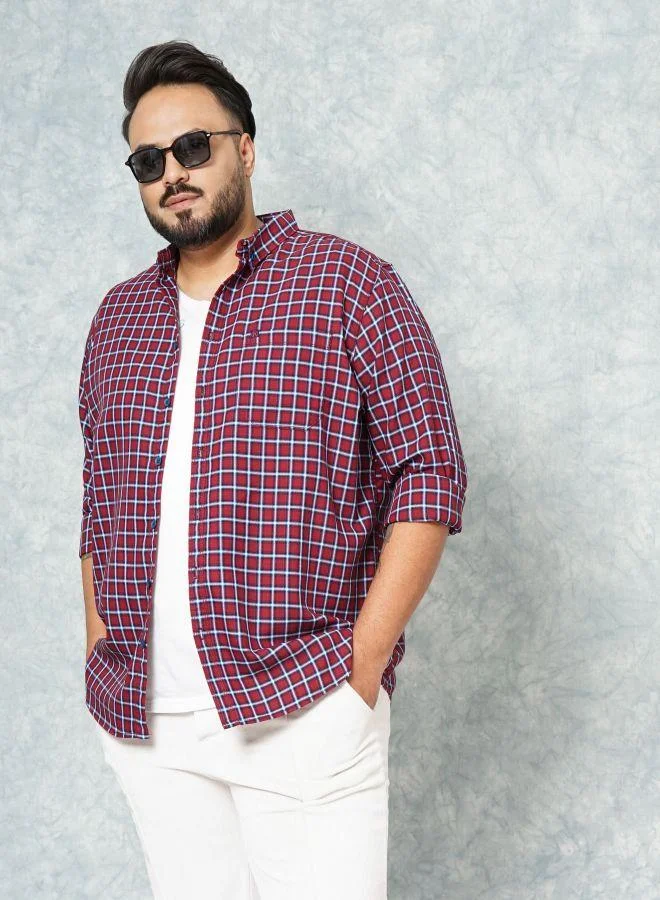 HARDSODA Men Plus Size Regular Fit Checkered Cutaway Collar Full Sleeves Casual Shirt
